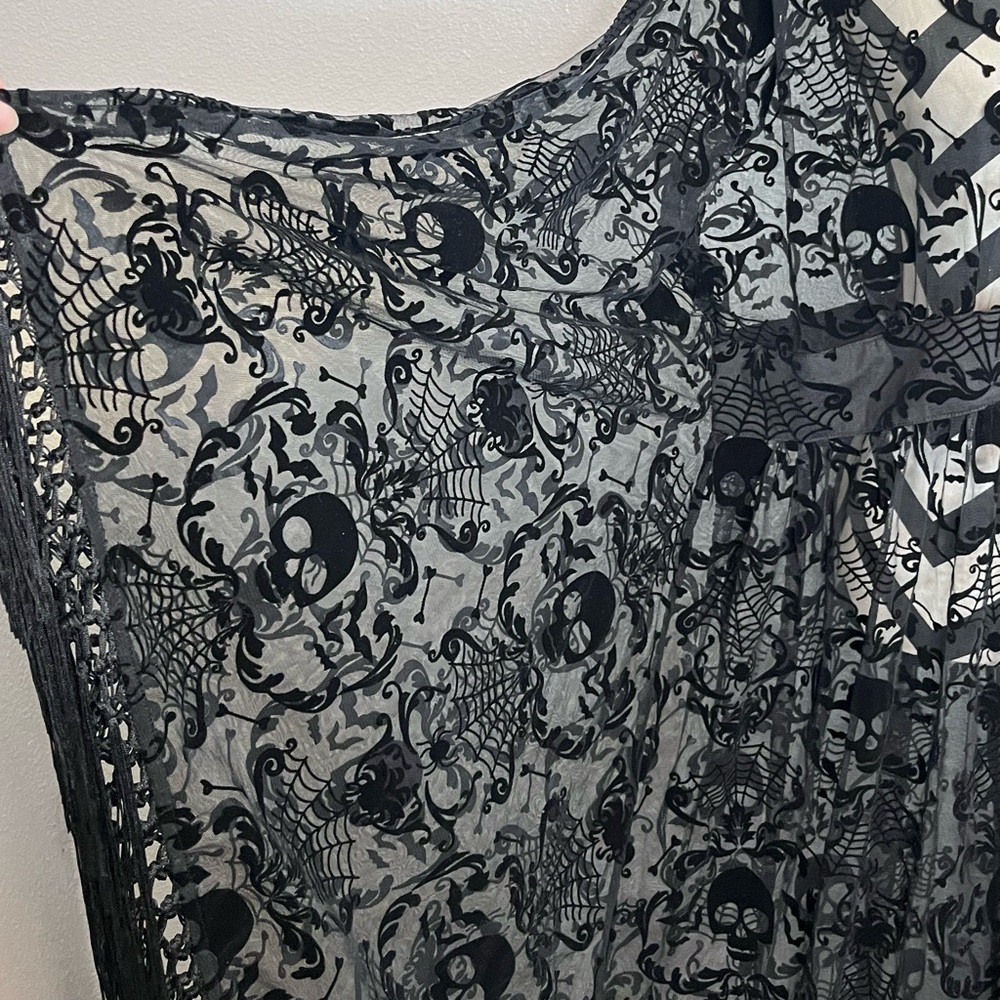 NWT Unique Vintage Sz 2X Whimsigoth Skull Bat Burnout Fringe Sheer Caftan Dress - Picture 9 of 11